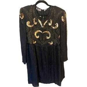 Vintage 1980s ART DECO Jewel Queen Textured Sequin Mini Dress Black and Gold 1